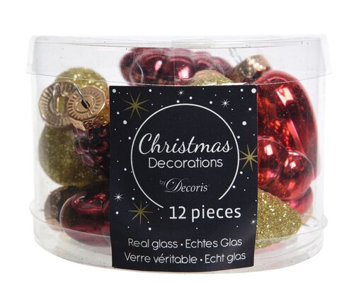 Glass Bauble Shapes x12 (Red & Gold)