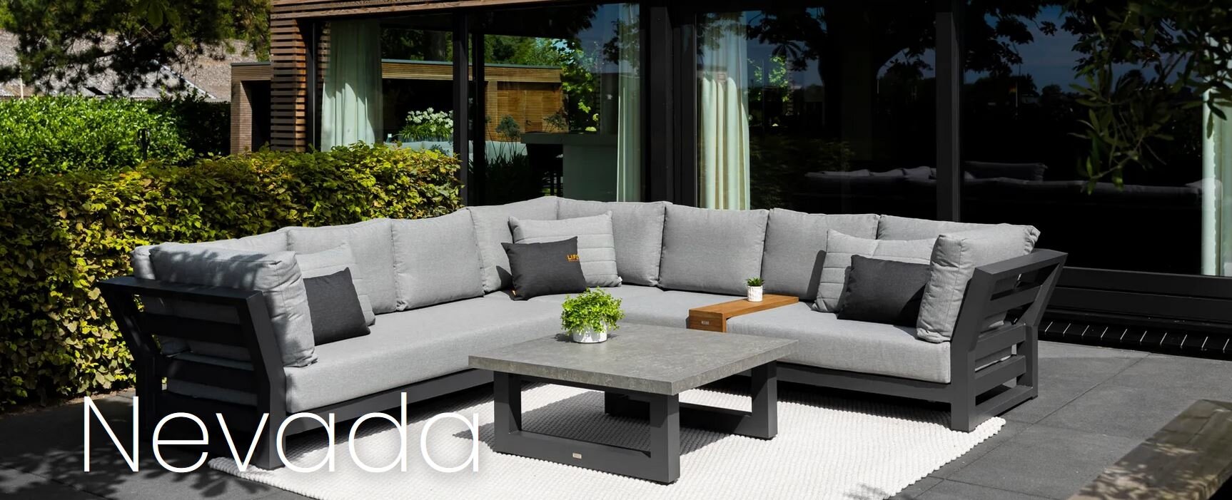 EX DISPLAY LIFE Nevada Grey Soltex Corner With Teak Coffee Table Stewarts Garden Centre