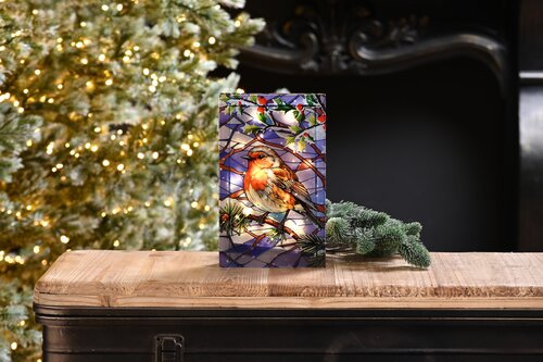 Lit Stained Glass with Robin 21cm