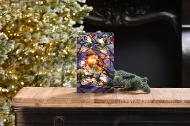 Lit Stained Glass with Robin 21cm