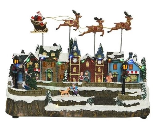 Lit Village Scene w/ Reindeer Flying Over Houses