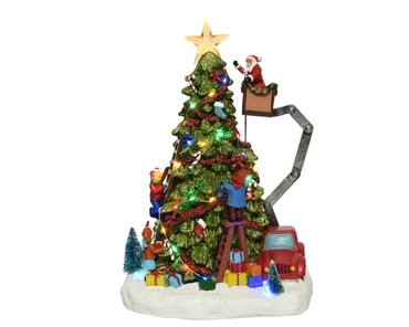 Lit Village Tree with Moving Cherry Picker