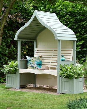 orchard wooden garden arbour in sage and cream paint afk