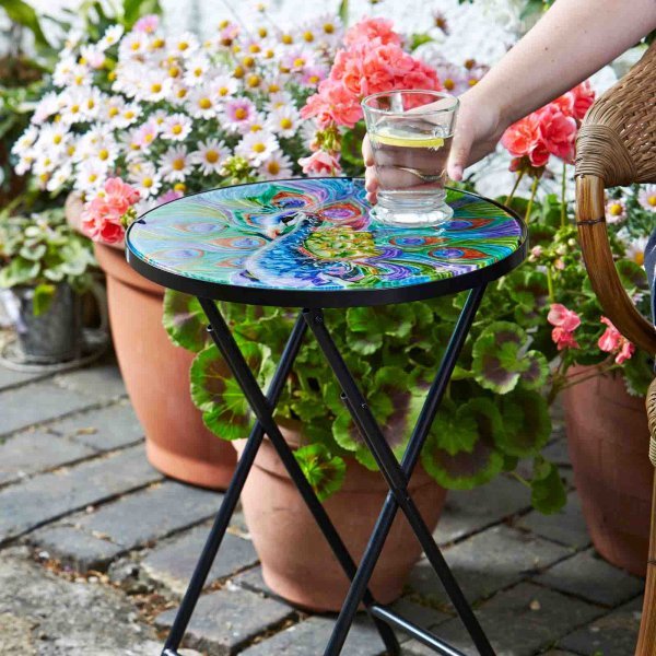 Hand-Painted Peacock Glass Garden Table 