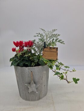 Wood Planter Round with Hanging Star