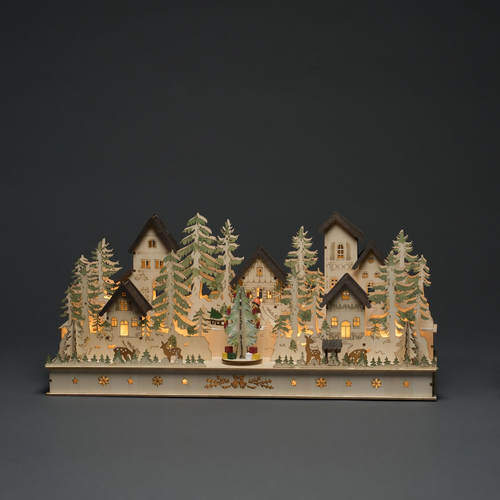 Wooden Festive Village Scene Light with Turning Tree - image 1