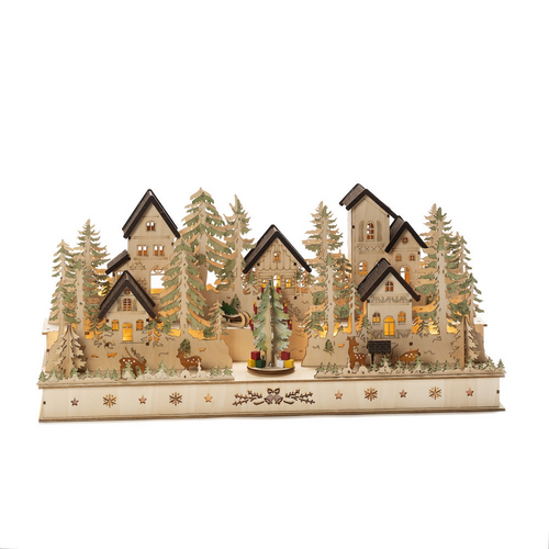 Wooden Festive Village Scene Light with Turning Tree - image 2
